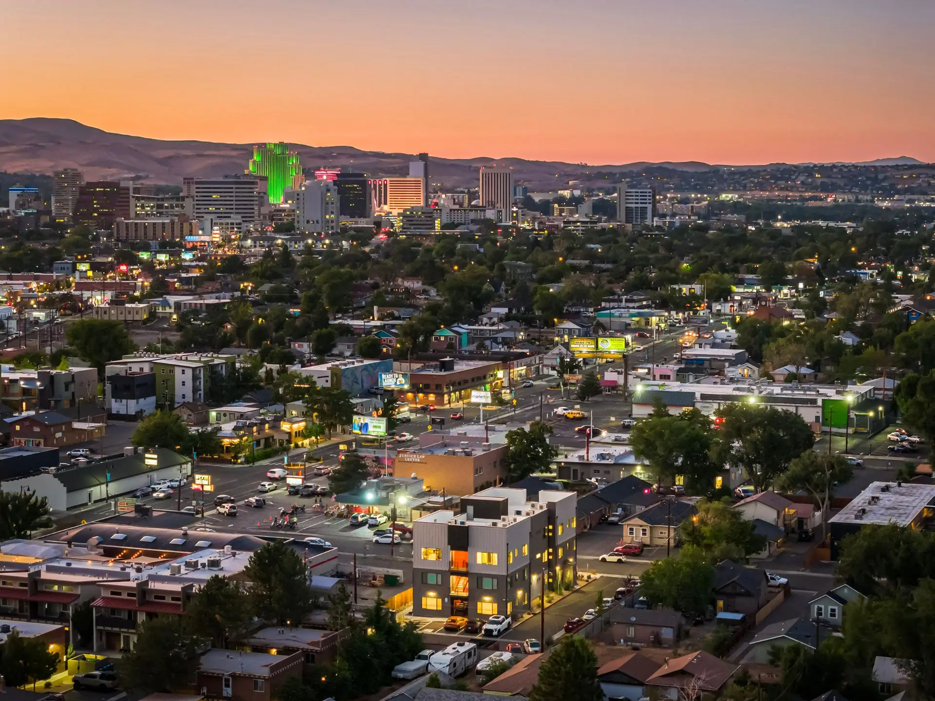 320 Grand Canyon apartments in Midtown Reno at twilight