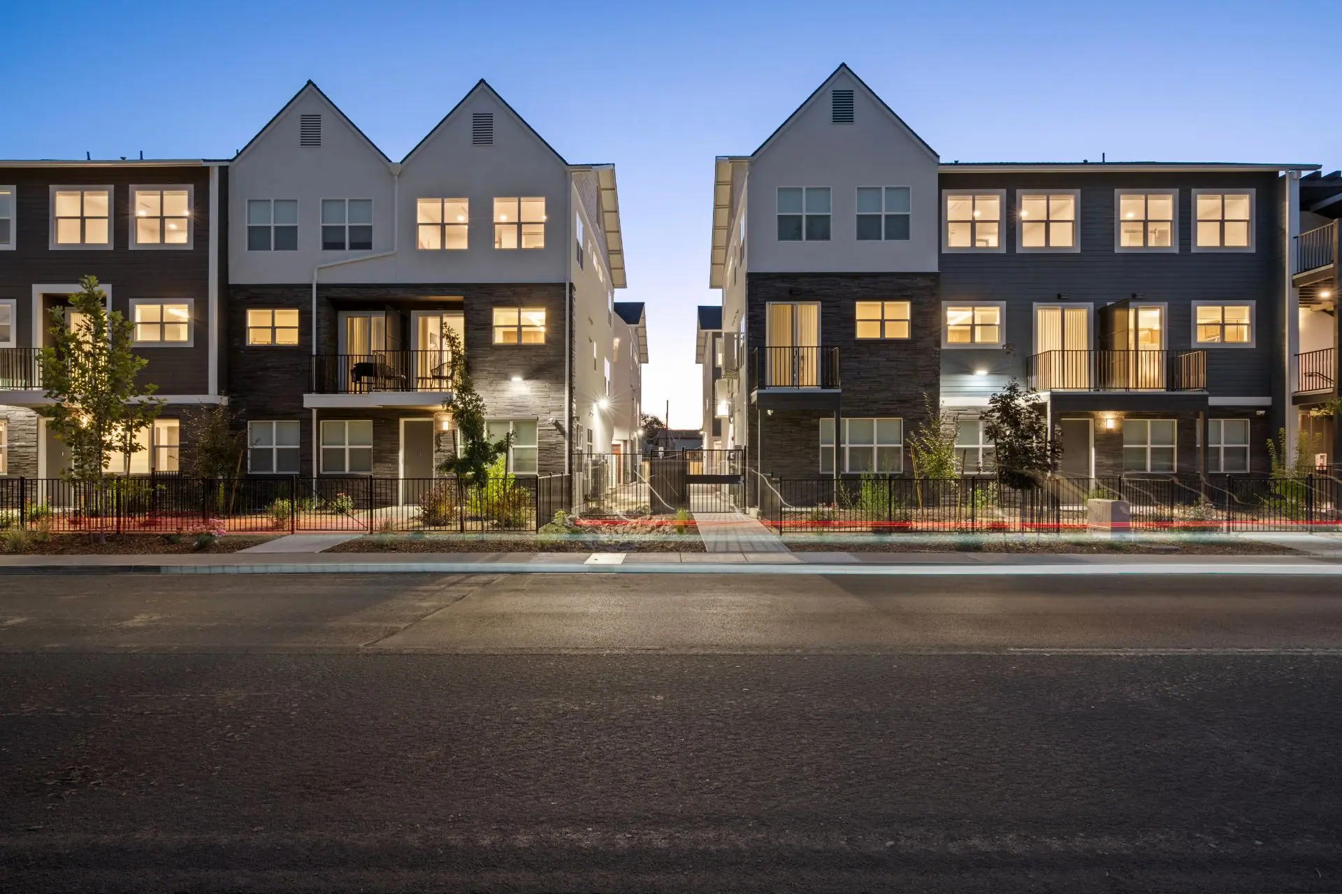 Grand Canyon Mews townhomes in Midtown Reno at twilight