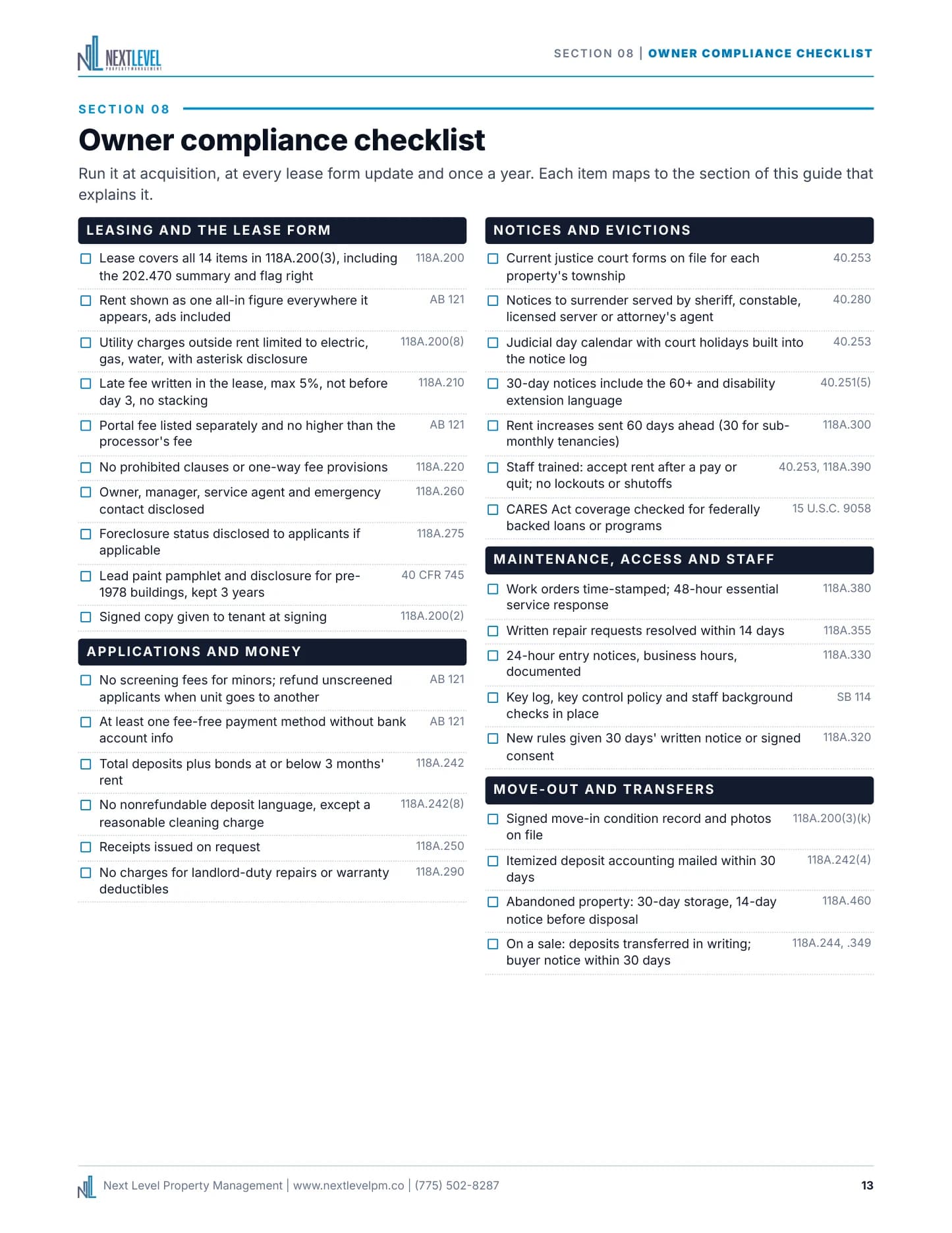 Owner compliance checklist, a page from nevada-landlord-compliance-guide.pdf