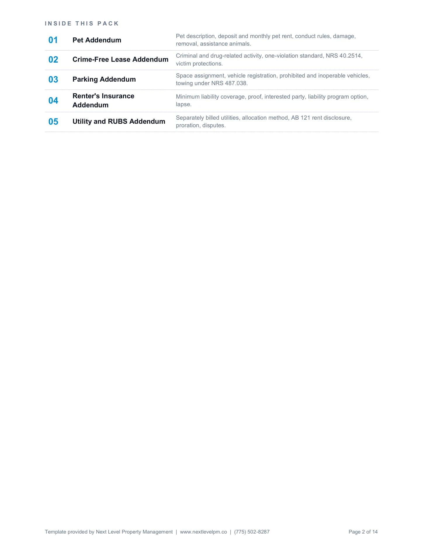 Inside this pack, a page from nevada-lease-addenda-pack.docx