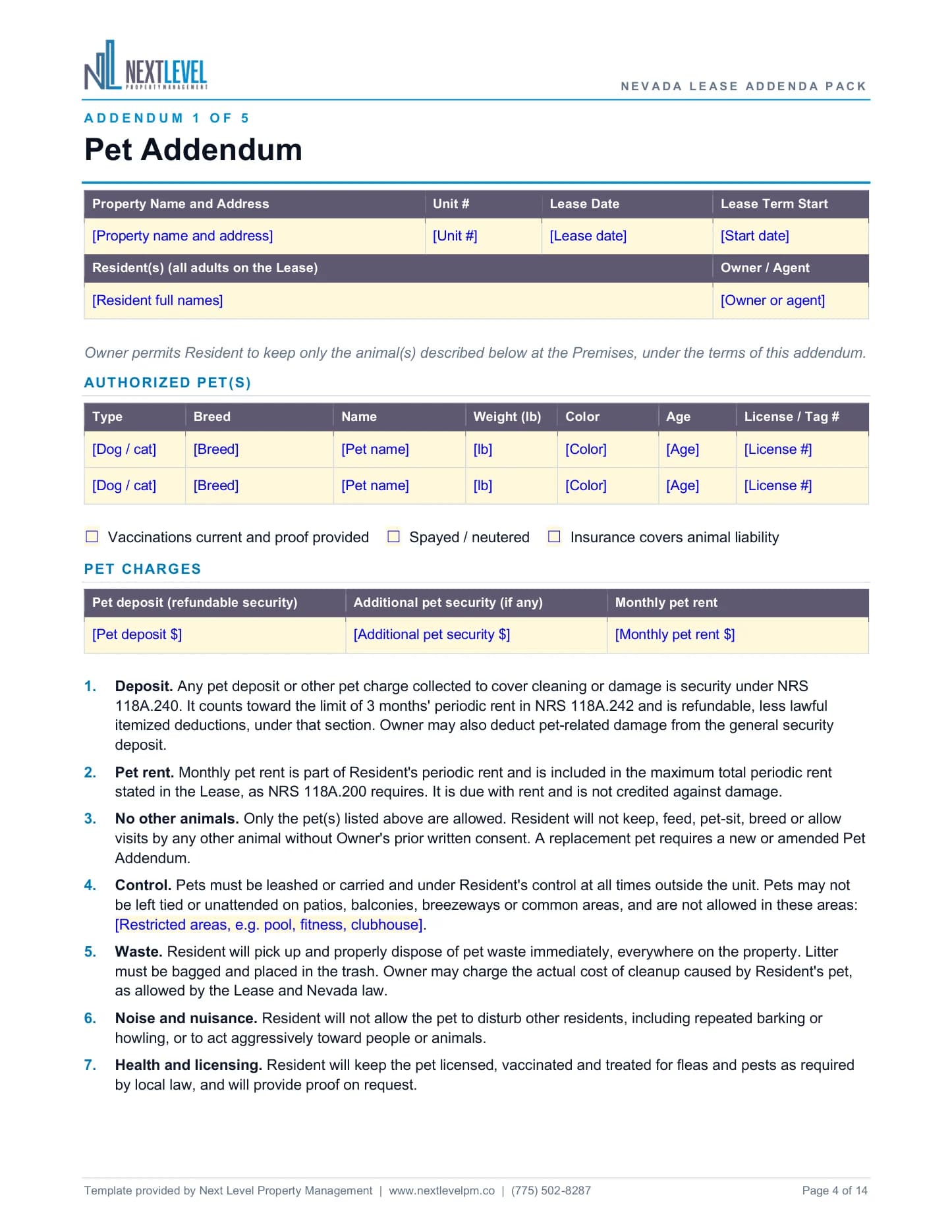 Pet addendum, a page from nevada-lease-addenda-pack.docx