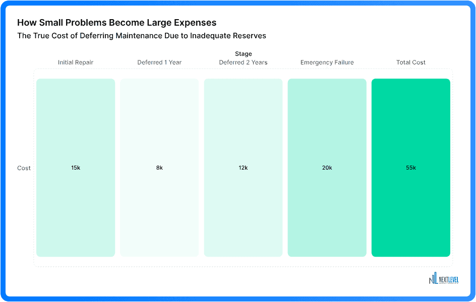Chart showing how deferred maintenance costs escalate from $15,000 to $55,000 when reserve funds are inadequate